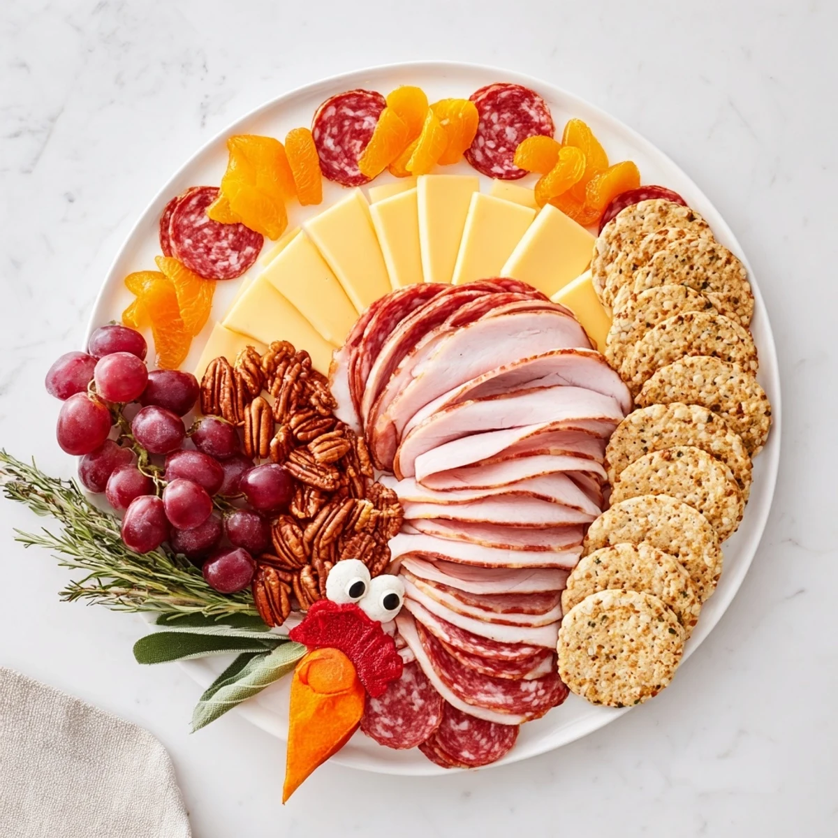 See how this delicious Turkey Tail Fan appetizer showcases colorful cheeses, meats, and crackers for your holiday gatherings.