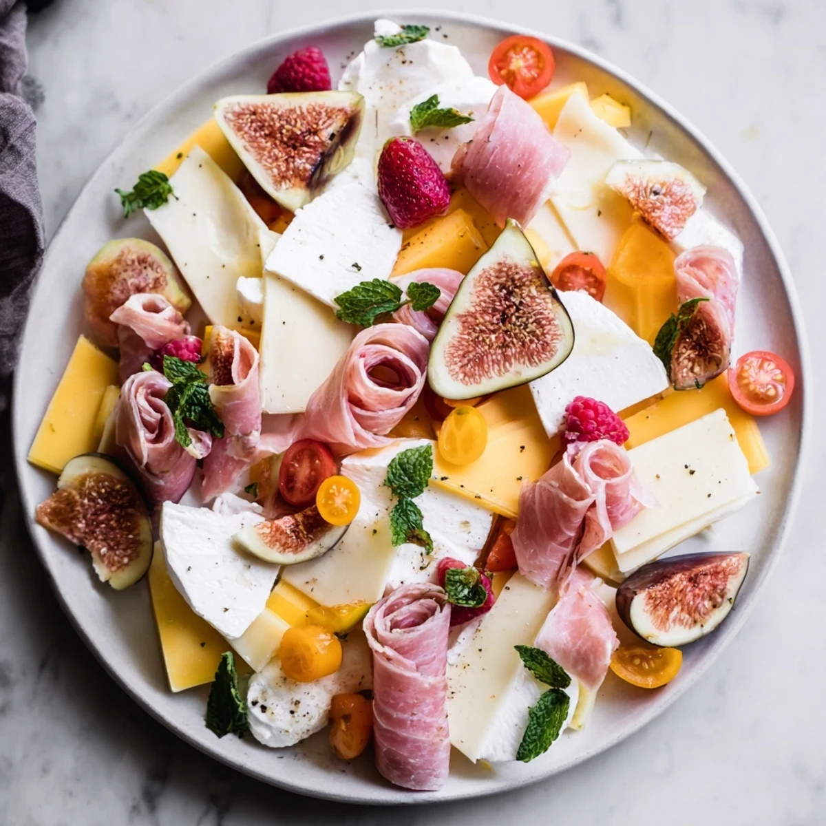Alternating stripes of cheese, berries, and meats create a stunning Peppermint Stripe Celebration platter ready to enjoy!