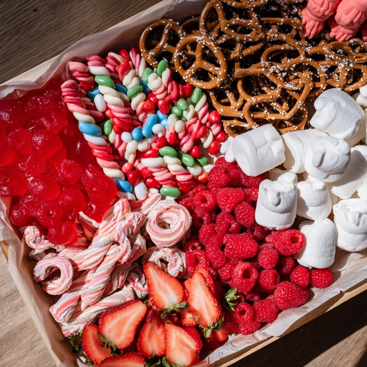 Festive sweet board with peppermint candy canes and fresh strawberries ready for holiday enjoyment.