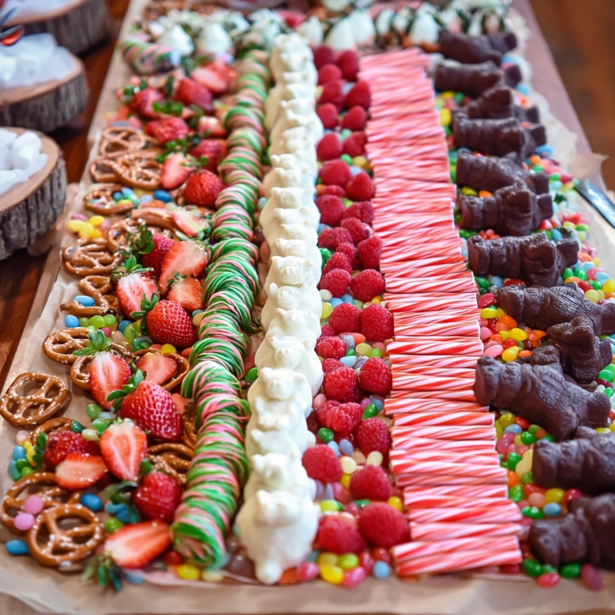 This sweet board presents a delicious and colorful display of striped treats, ideal for celebrations.
