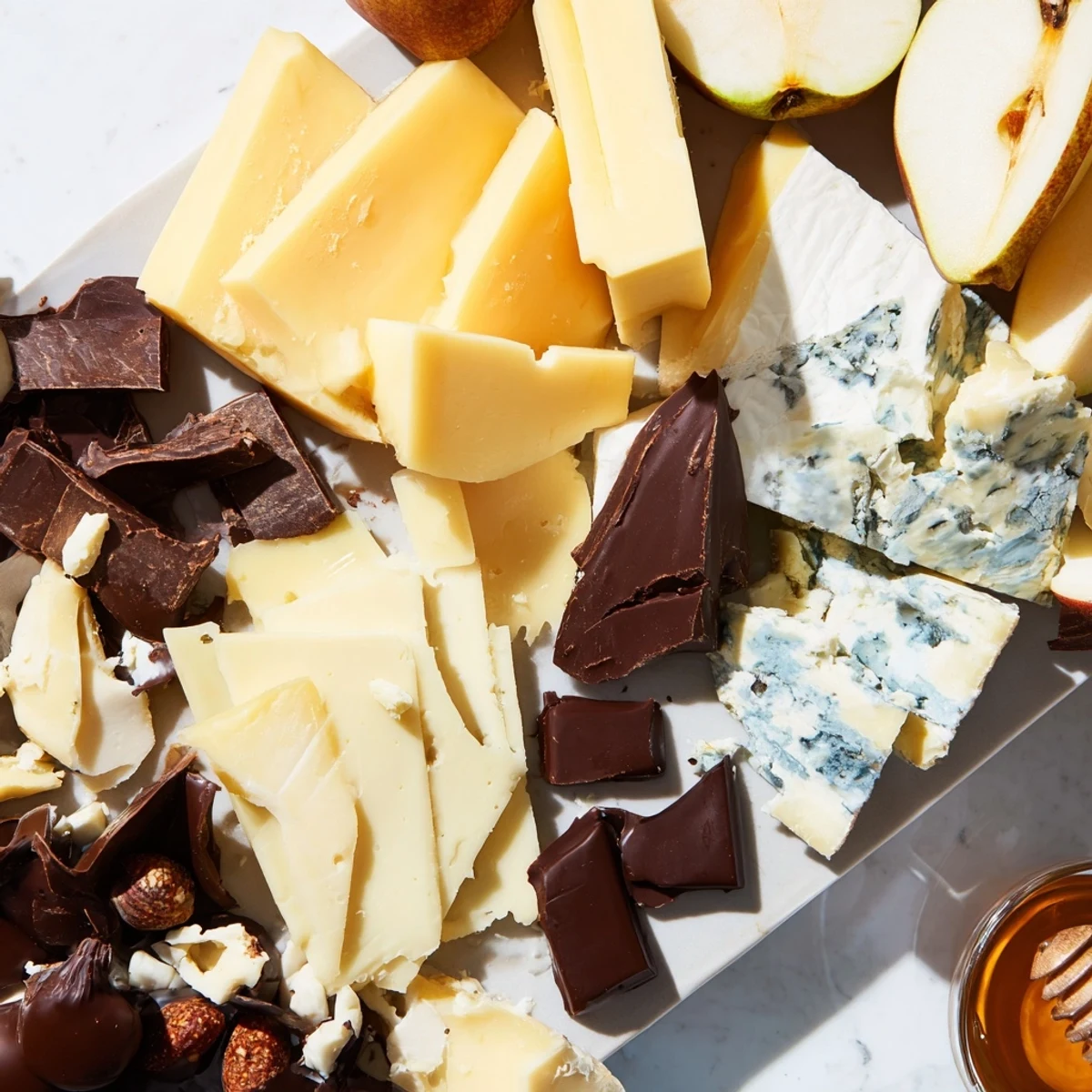 A vibrant platter filled with Fireside Comfort & Cocoa, cheeses, chocolates, and inviting fruit slices.