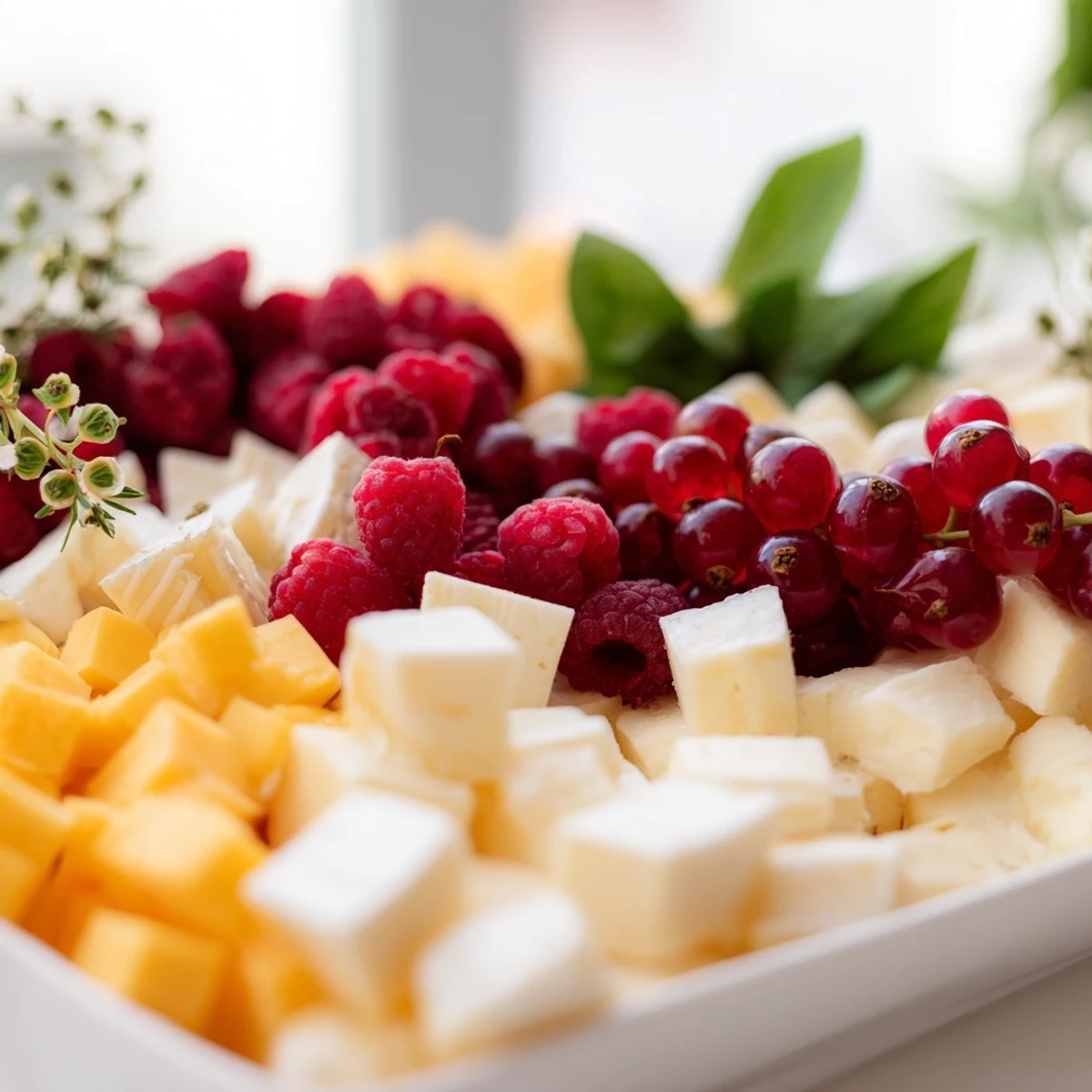 A close-up of The Holly Berry Cluster, showing red berries bursting amongst creamy cheeses and herbs.