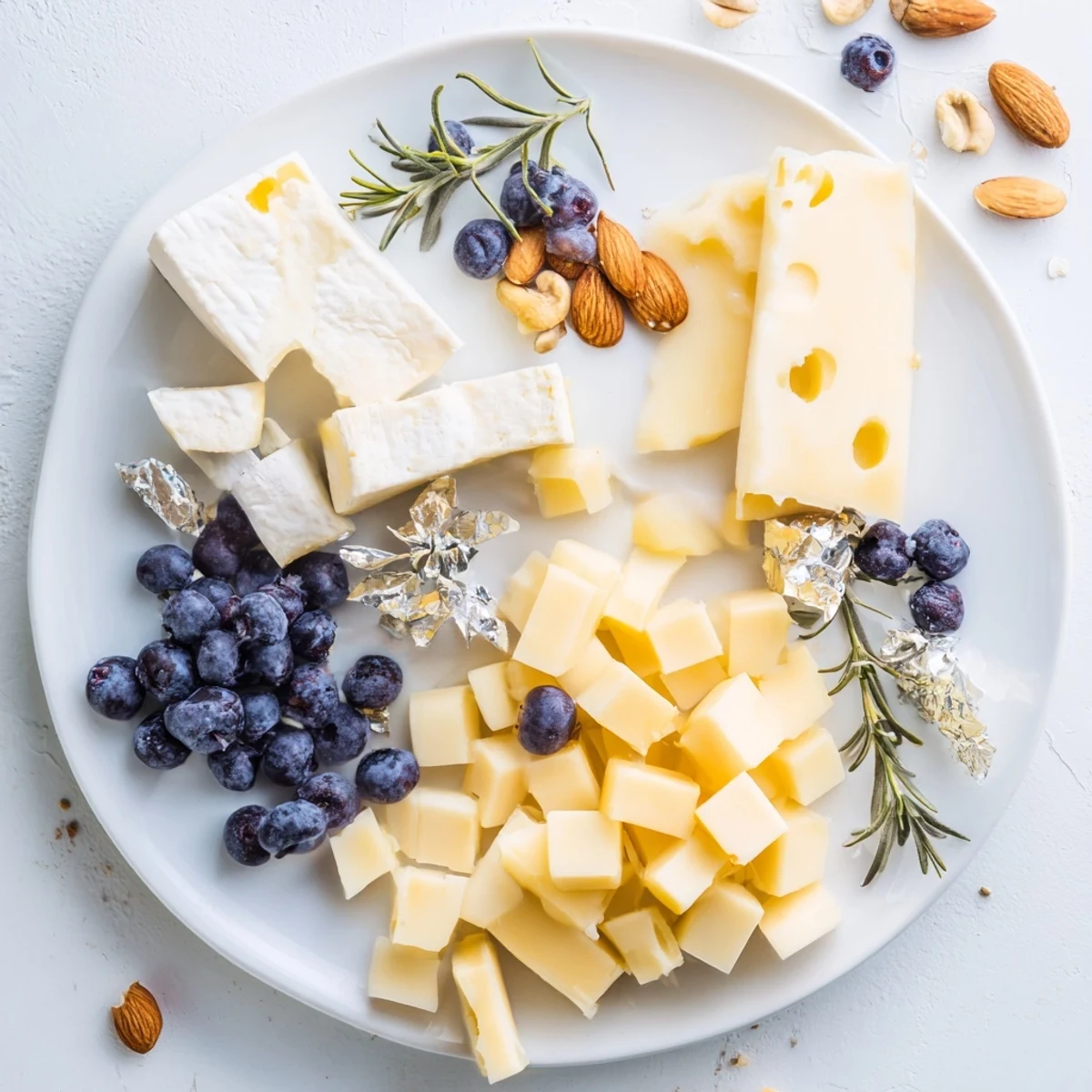 Imagine a beautiful Winter Wonderland Platter with white cheeses, nuts, and sugared almonds for a festive snack.