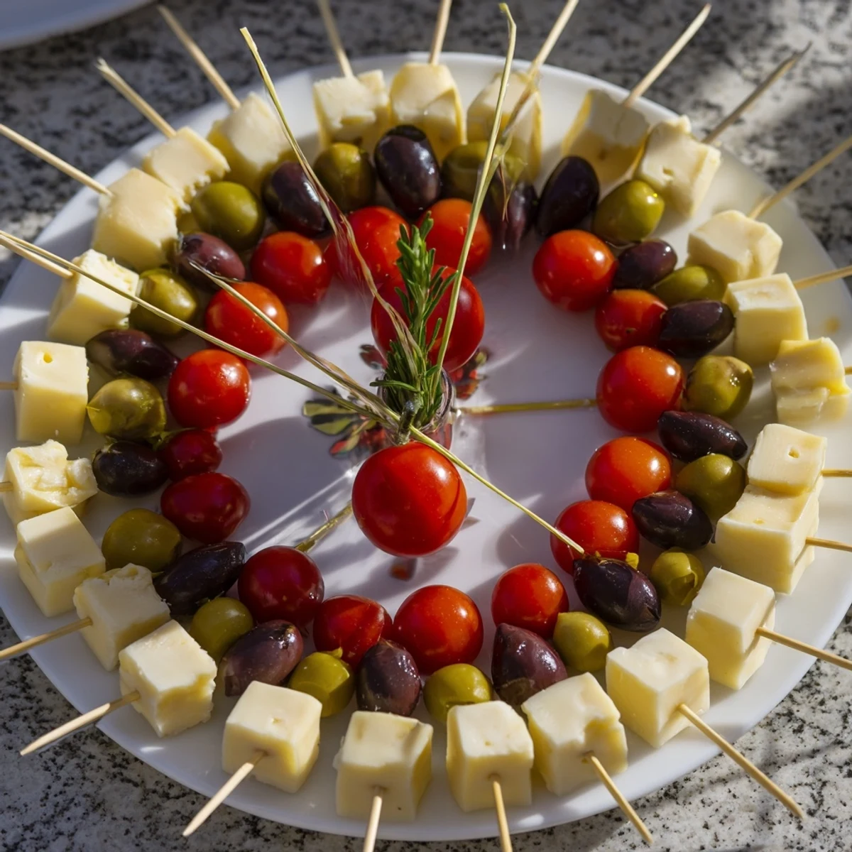 Close-up of the delicious New Year's Clock Countdown spread boasting vibrant cheese and olive "clock numbers".