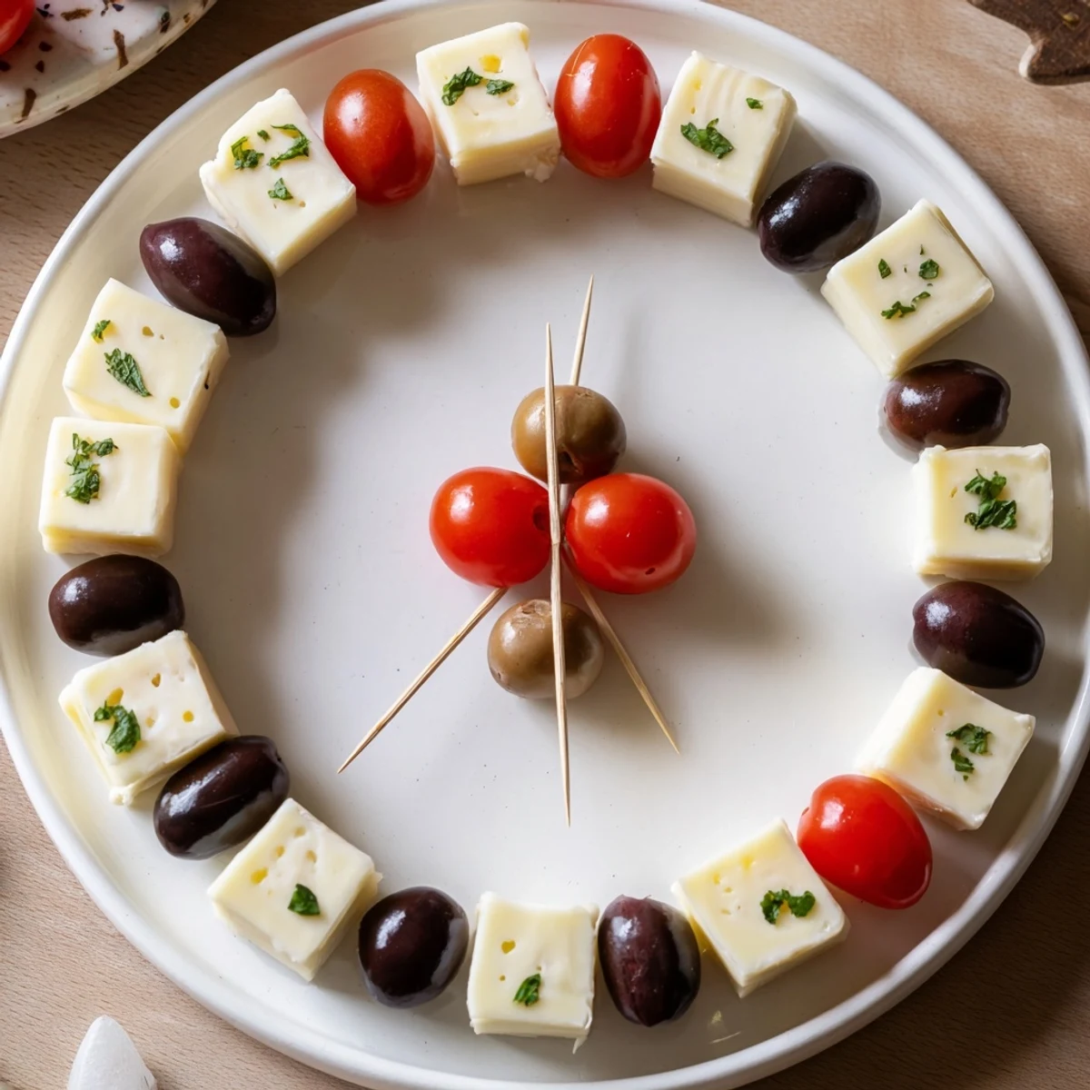 Delicious party-ready New Year's Clock Countdown appetizer, featuring a clock-shaped design with savory olive and cheese.