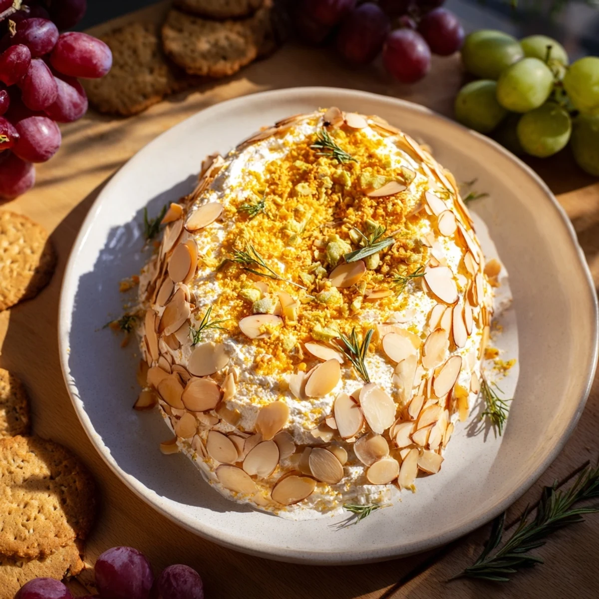 A close-up of a festive Snowy Pinecone Centerpiece with red and green grapes surrounding it.