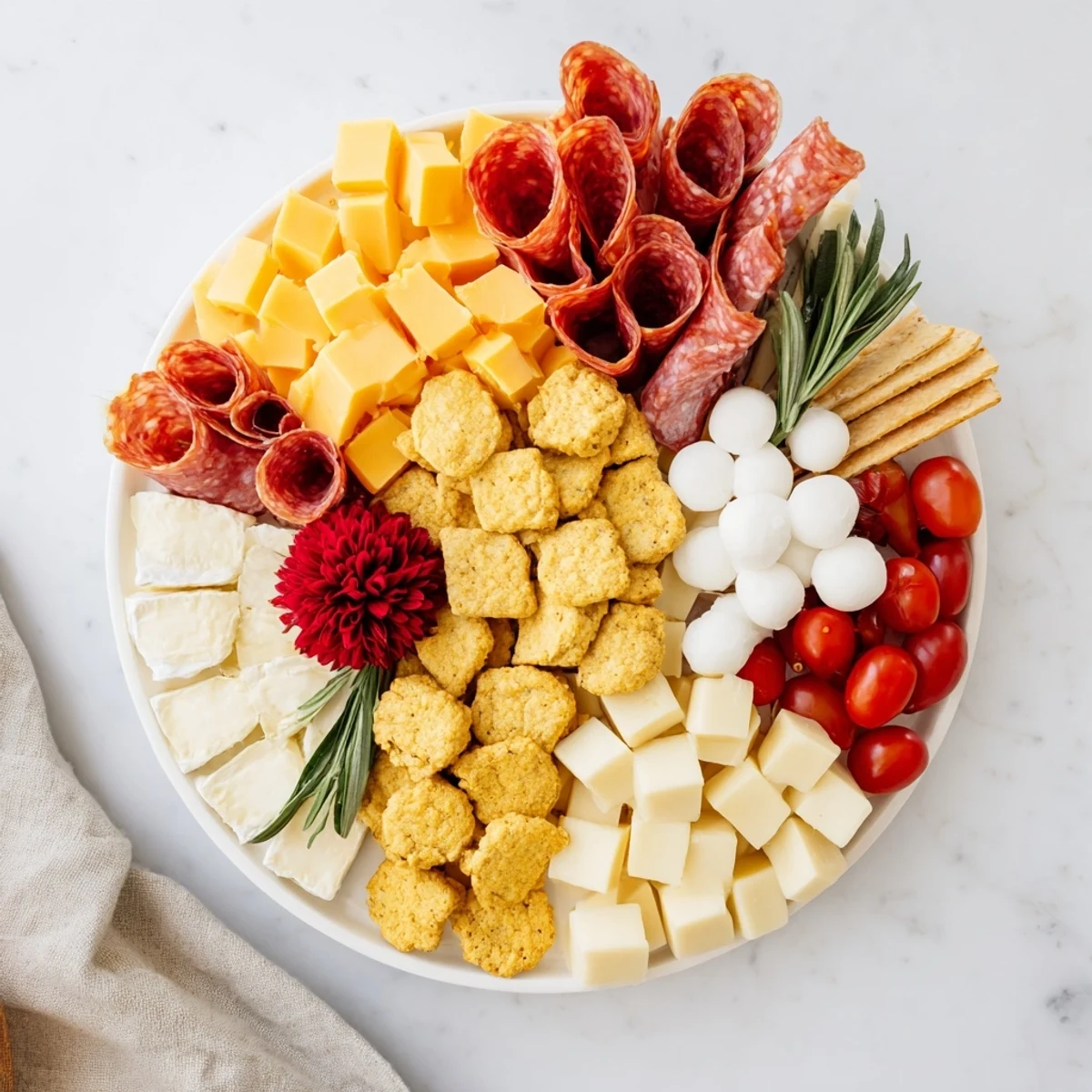 Festive Santa's Beard and Hat board with creamy white cheeses creating a fluffy beard, and sliced meats for the hat.