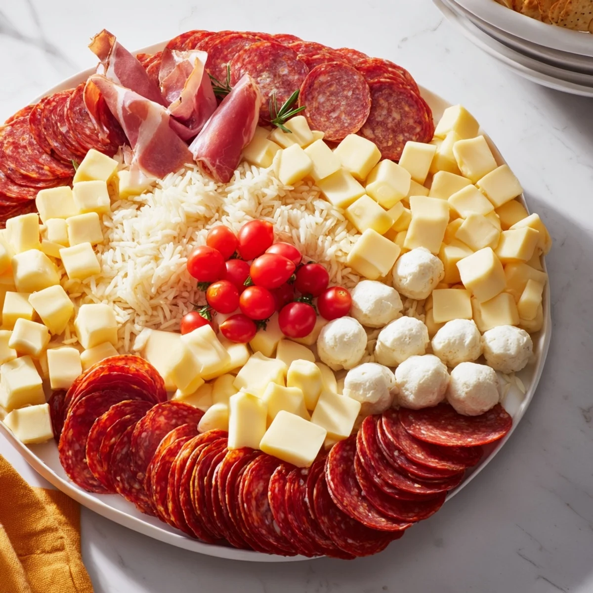 Vibrant photo of a holiday Santa's Beard and Hat board: a delicious charcuterie arrangement perfect for entertaining guests.