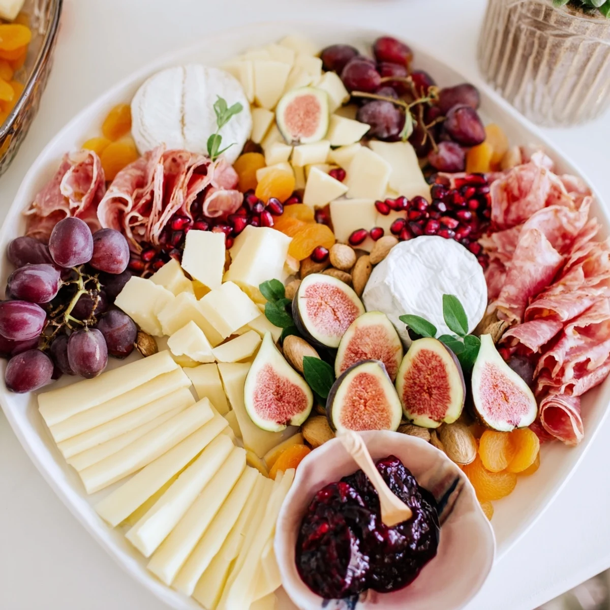Pomegranate Jewel Cascade cheese board, dripping with vibrant ruby pomegranate seeds and creamy goat cheese.
