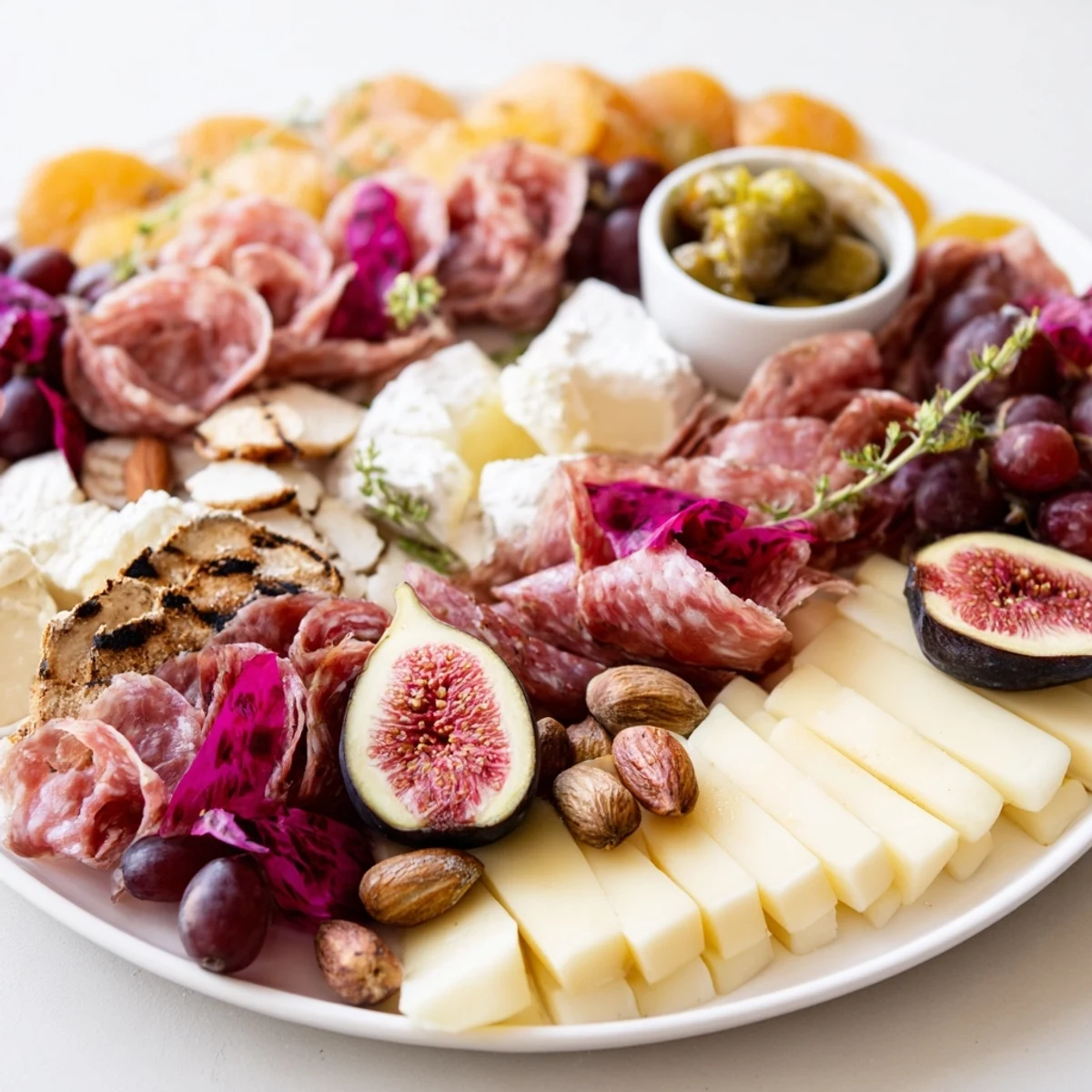 A lavish Pomegranate Jewel Cascade, featuring glistening pomegranate arils, ripe fruit, and artisan crackers.