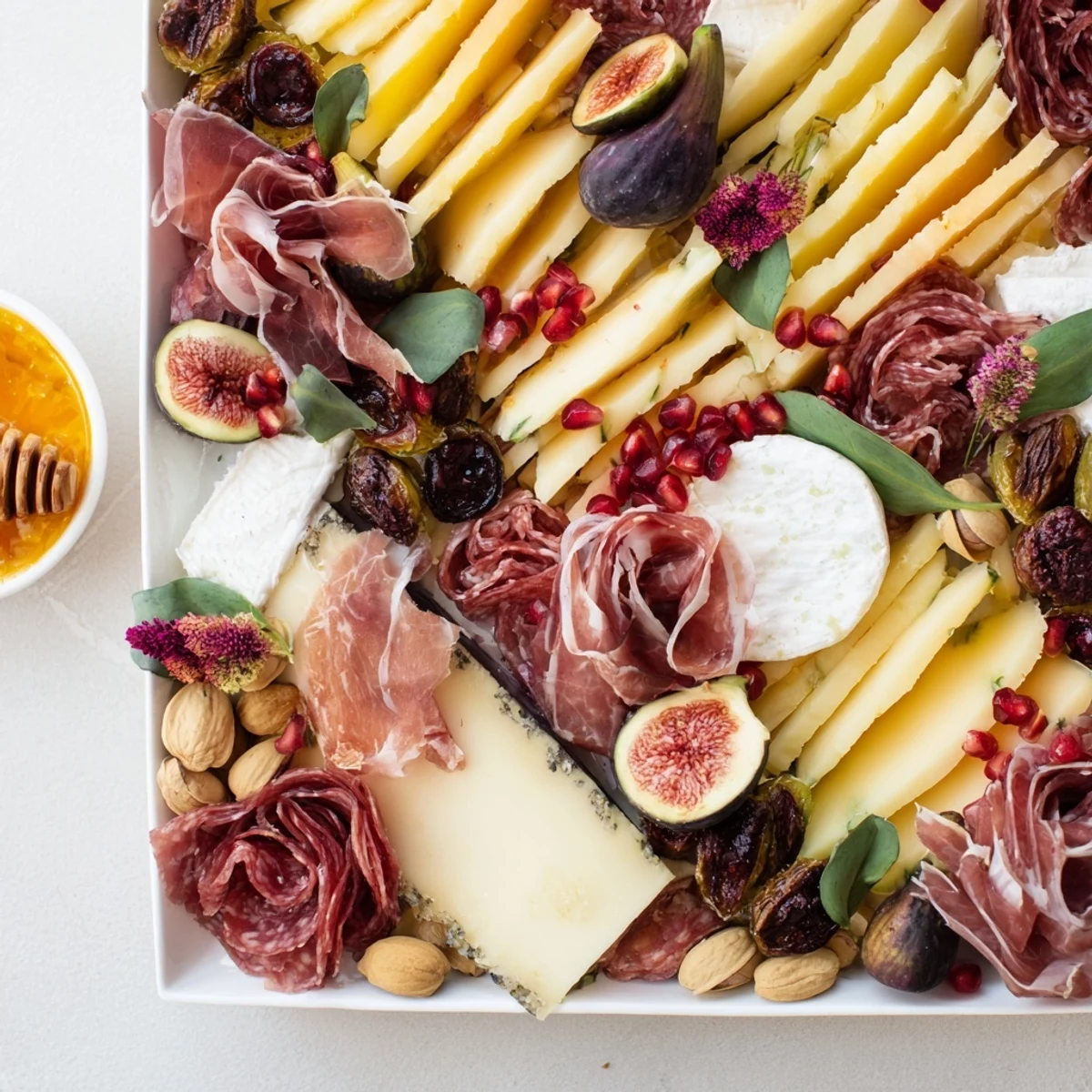 This appetizing Pomegranate Jewel Cascade cheese platter sparkles with fresh pomegranates, perfect for sharing.