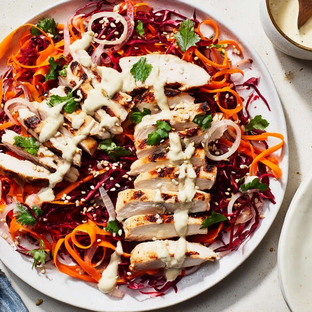 Tender sliced chicken mixed with colorful carrot ribbons and the vibrant Carrot Ribbon and Chicken Slaw.