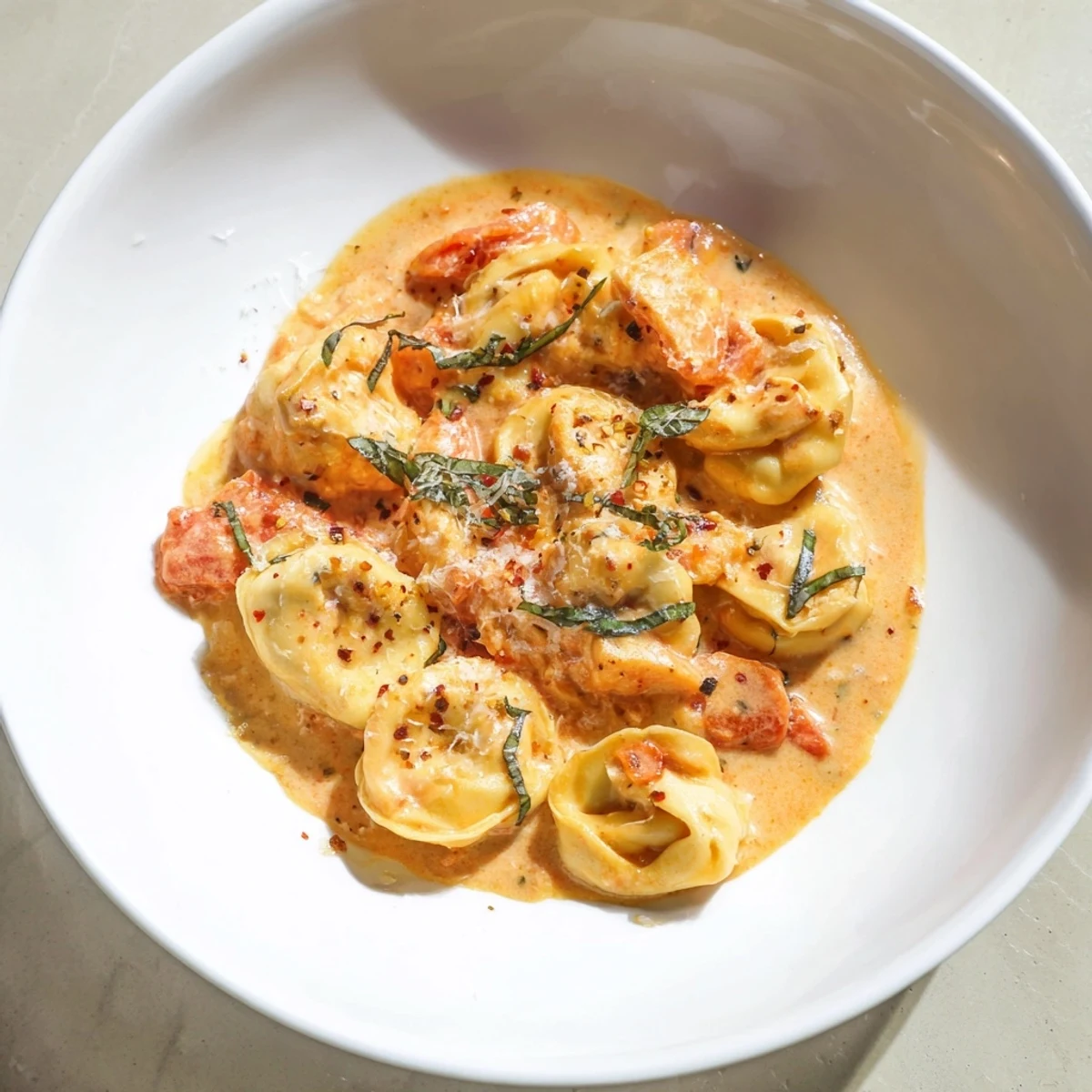 Close-up photo of flavorful Marry Me Chicken Tortellini, garnished with fresh basil and Parmesan cheese ready to eat.