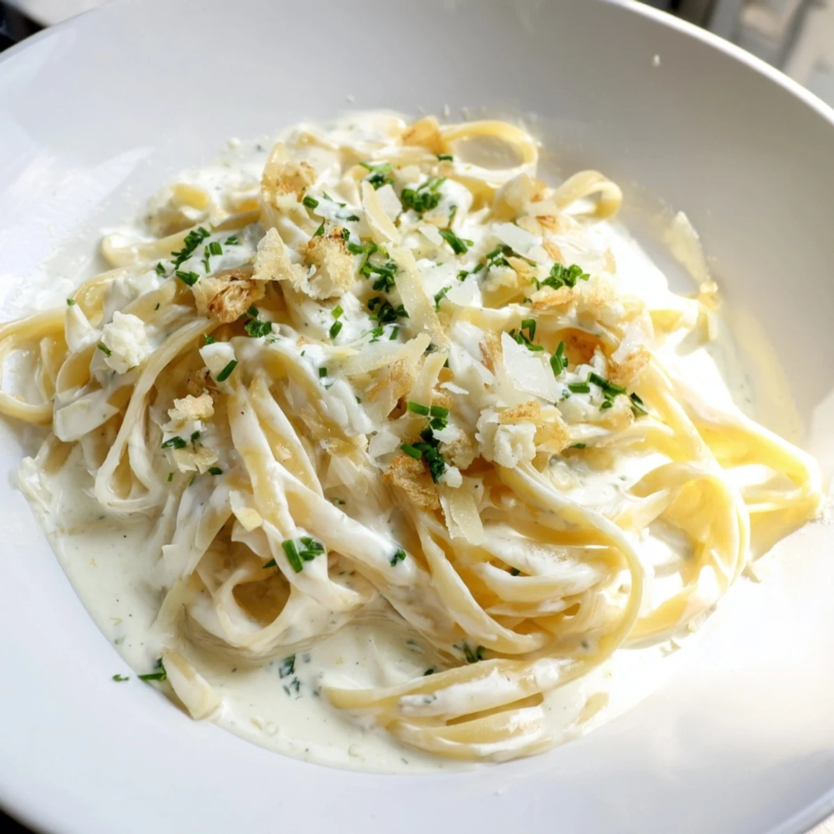 Creamy lemon-garlic Greek yogurt pasta, swirled with parmesan and fresh parsley, ready to enjoy.