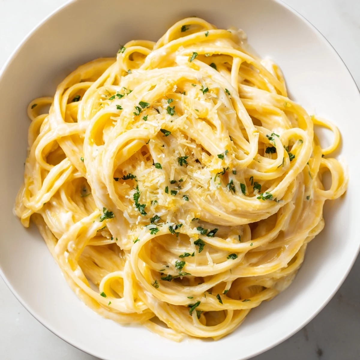A vibrant bowlful of Lemon-Garlic Greek Yogurt Pasta, coated in a luscious, bright sauce.