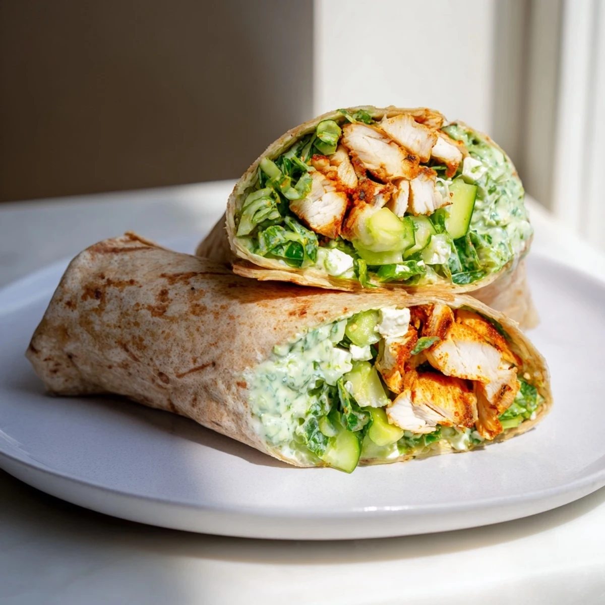 These loaded Green Goddess Chicken Wraps feature fresh green herbs, crunchy cabbage, and juicy chicken within tender wraps.