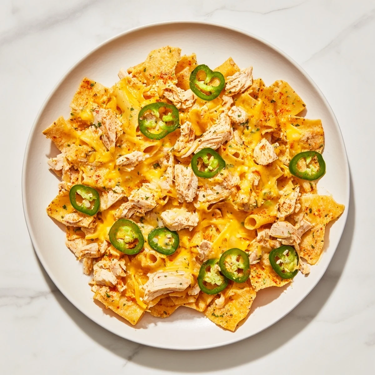 A vibrant close-up captures delicious Pasta Chip Nachos ready to be devoured, perfect for sharing.