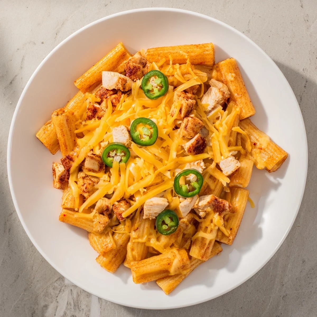 Golden, crispy Pasta Chip Nachos topped with melted cheese, spicy jalapeños, and savory taco chicken.