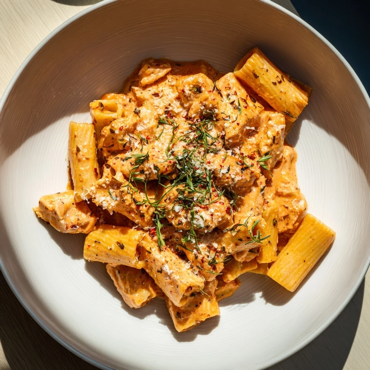 Golden-brown Spicy Vodka Chicken Pasta, creamy and fiery, ready for scooping onto a plate.