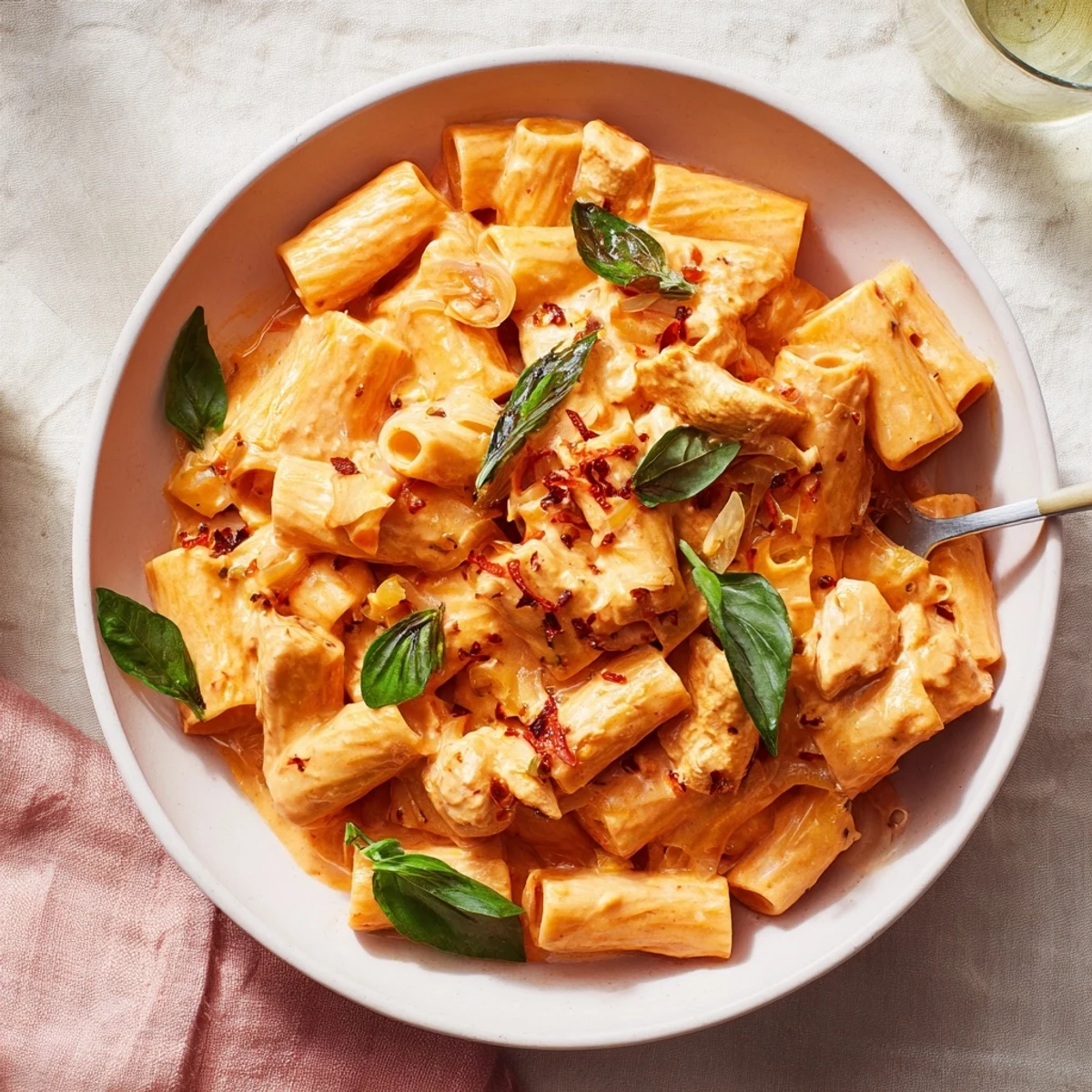 A vibrant bowl of Spicy Vodka Chicken Pasta with basil garnish, offering a comforting dinner.