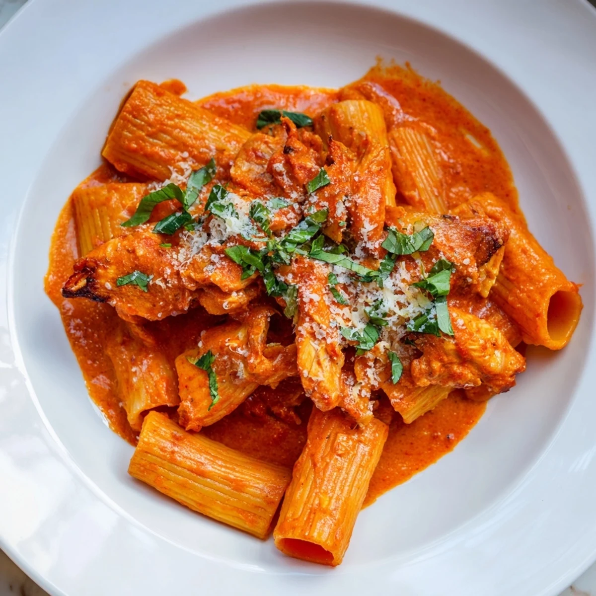 Tender chicken and rigatoni mingle in a spicy tomato cream sauce; a delicious Spicy Vodka Chicken Pasta.