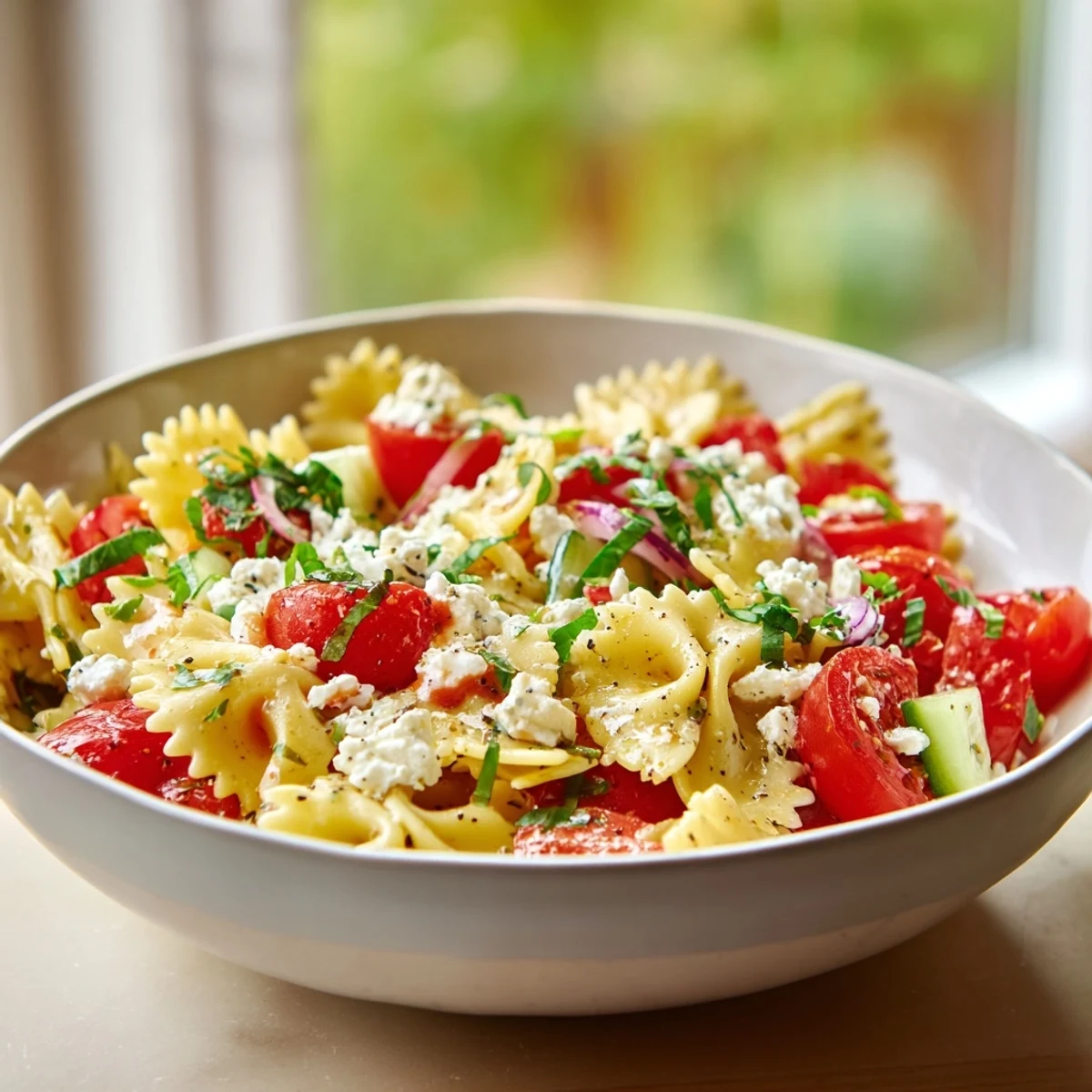 A vibrant bowl of Strawberry Feta Pasta, a refreshing summer salad ready to enjoy.