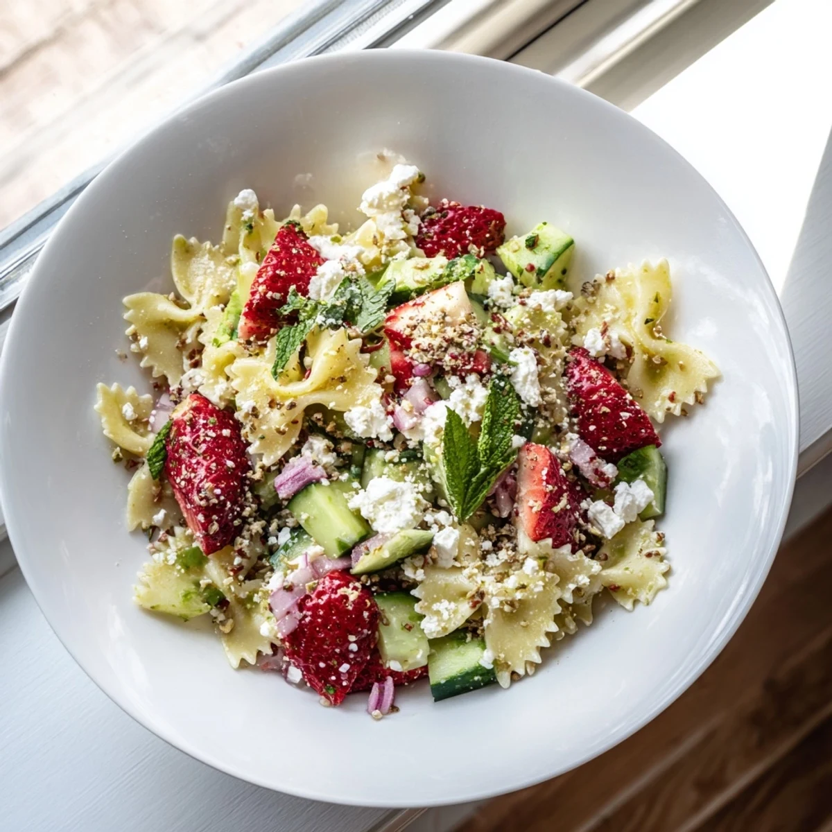 Creamy Greek yogurt dressing coats chilled Strawberry Feta Pasta alongside colorful summer ingredients.