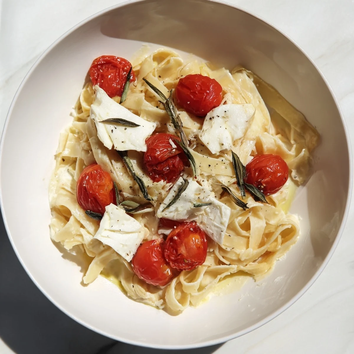 Fettuccine coated in rich Baked Brie Pasta Sauce, a vegetarian delight with garlic and herbs.