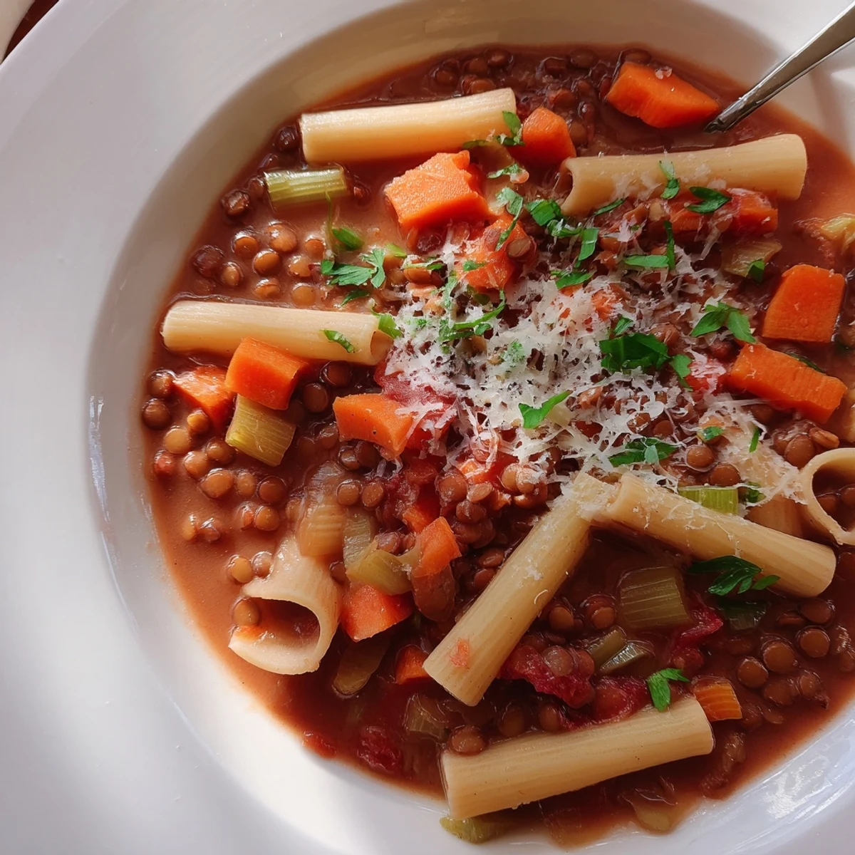 Close-up of vibrant Ditalini and Lentil Soup, showcasing tender lentils and tiny pasta shapes.