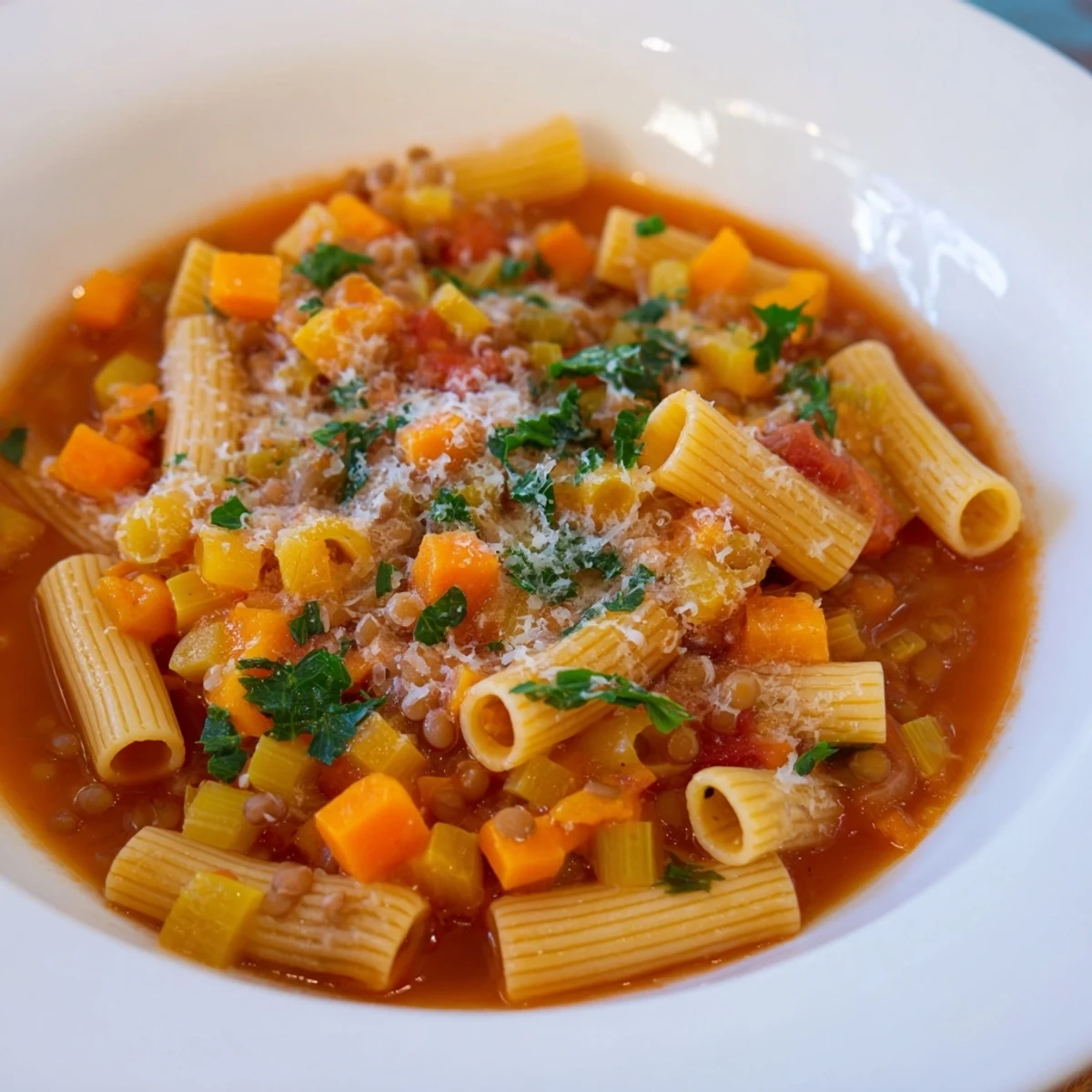 Steaming bowl of Ditalini and Lentil Soup, offering a hearty, flavorful Italian-style meal.