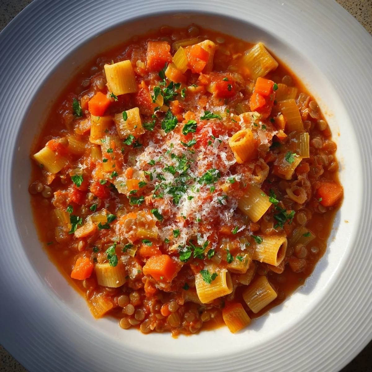 Warm, aromatic Ditalini and Lentil Soup, a comforting vegetarian stew ready to be served.