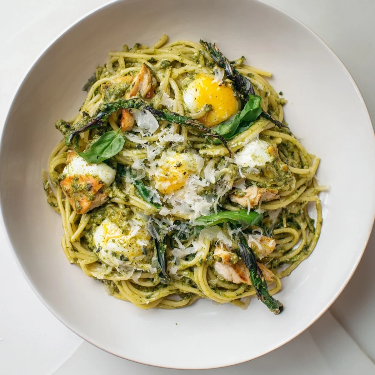 A vibrant photo of Pesto Egg and Chicken Pasta: perfectly twirled pasta with a speckled, pesto-egg coating.