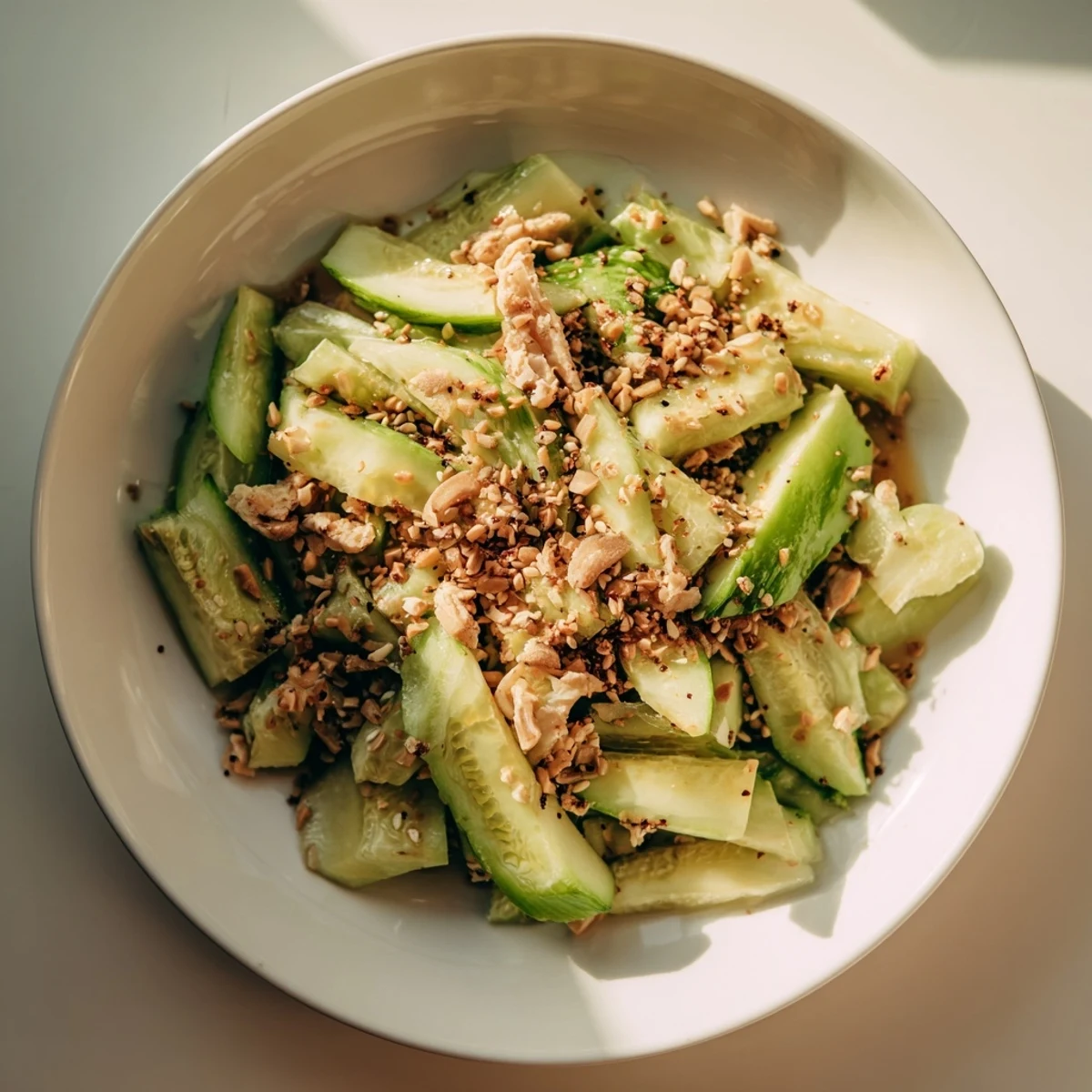 Vibrant Whole Cucumber Logan Salad with juicy shredded chicken, ready to eat now.