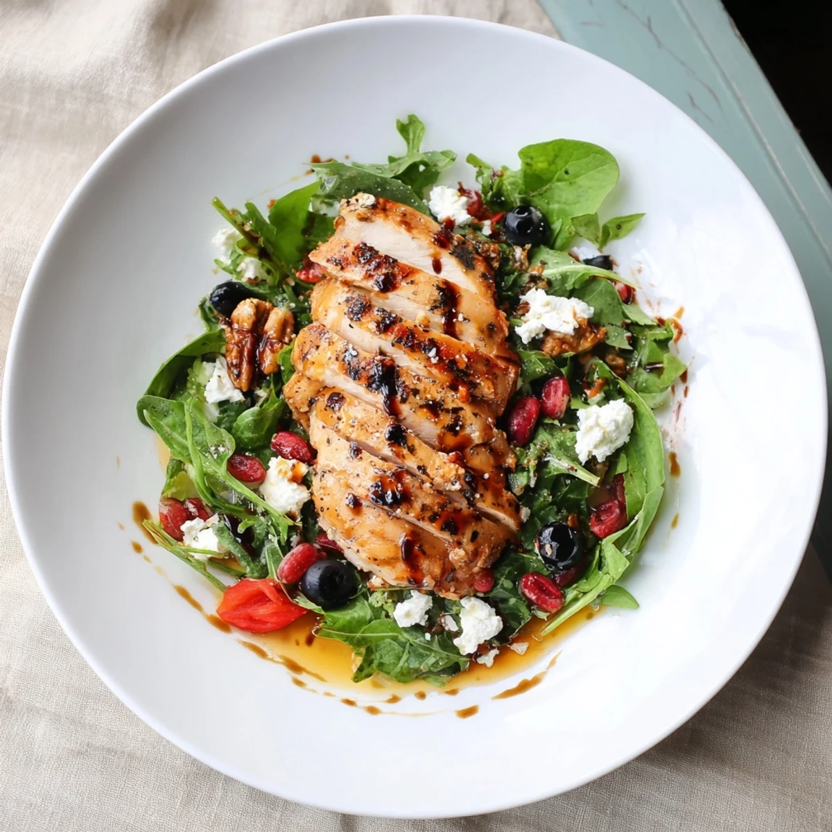 Juicy blueberries and goat cheese over sliced chicken in a vibrant Blueberry Goat Cheese Chicken Salad.