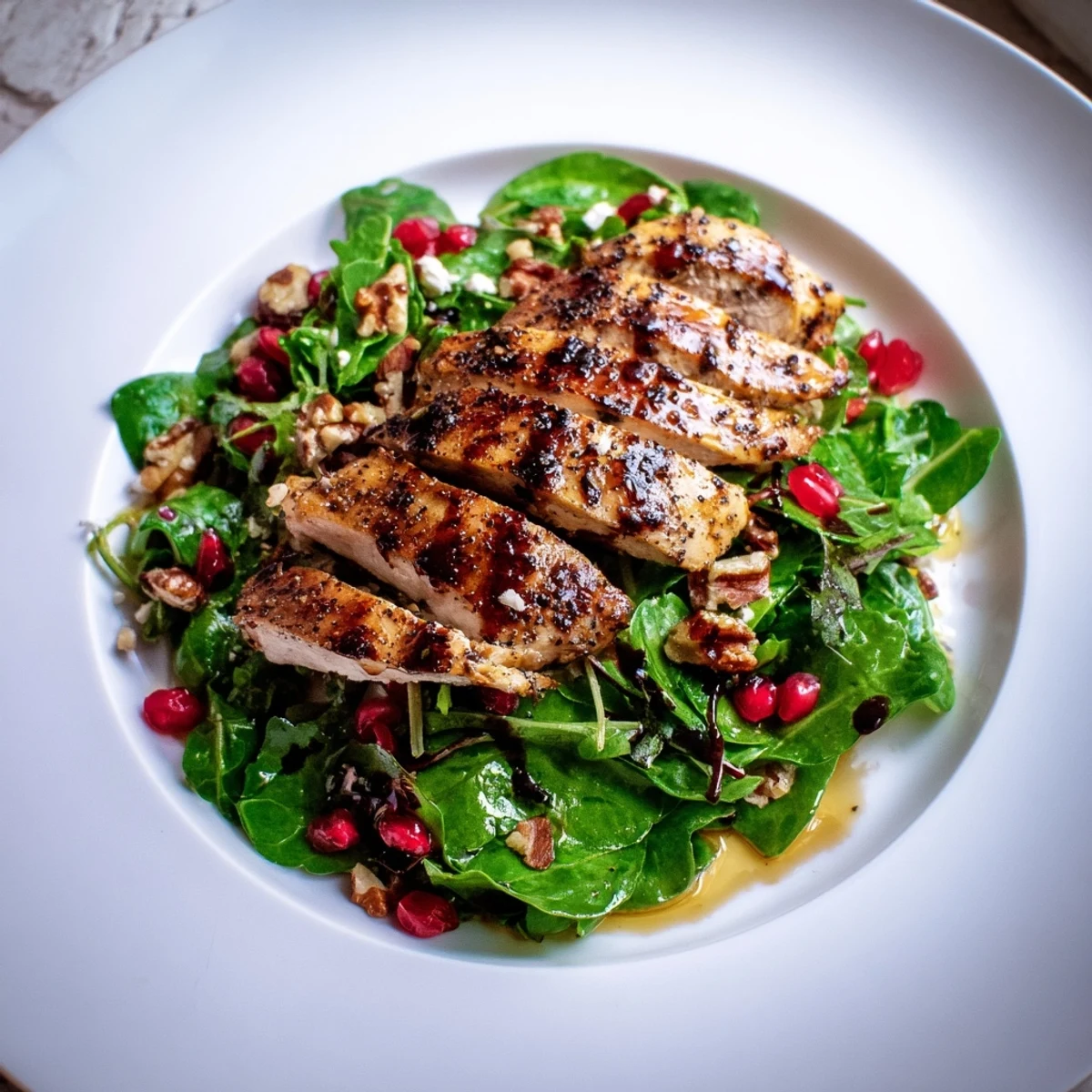 A colorful plate of Blueberry Goat Cheese Chicken Salad, complete with balsamic glaze and toasted walnuts.