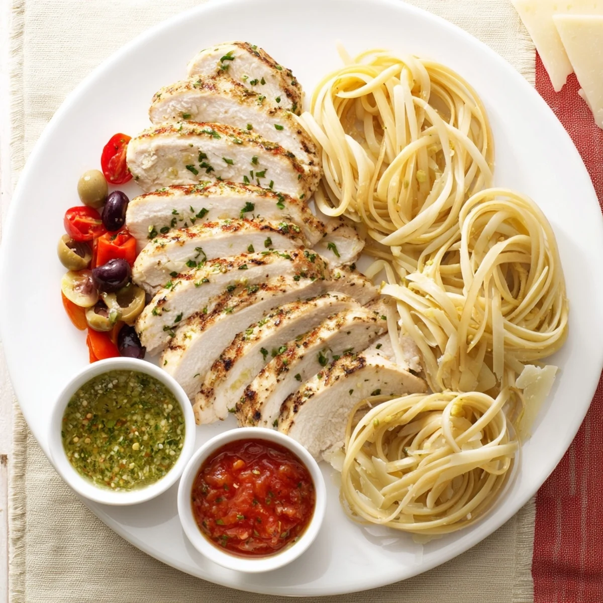 Savory Girl Dinner Pasta Board, a colorful platter of pasta with grilled chicken and vibrant sauces.