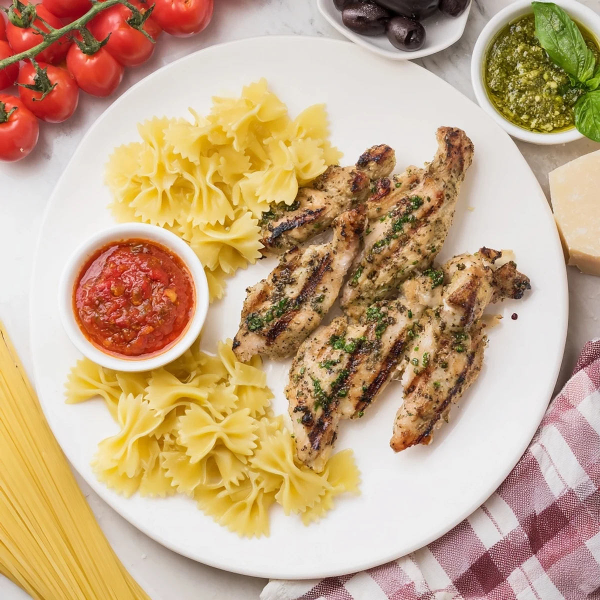 This Girl Dinner Pasta Board features spaghetti, penne, and farfalle mingling with creamy Alfredo and pesto.