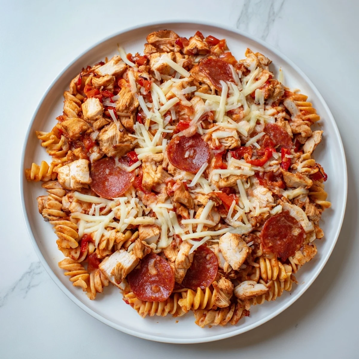 One-Pan Pizza Pasta bubbling with melted mozzarella, pepperoni, and tender chicken; a comforting meal.