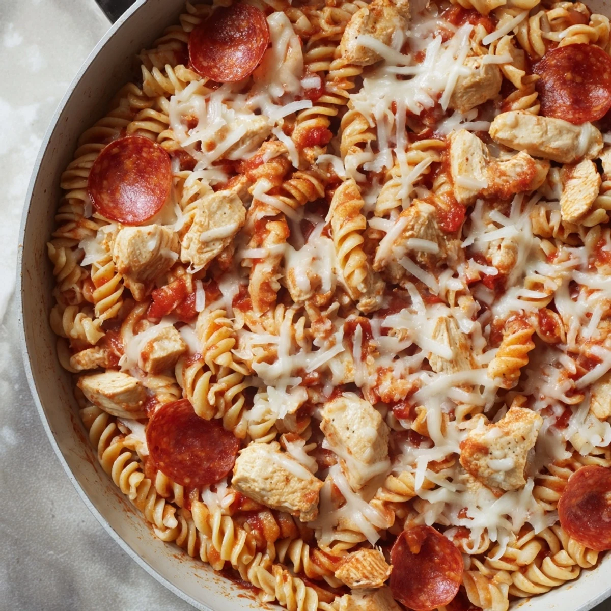 This warm, cheesy One-Pan Pizza Pasta boasts a bubbly, golden cheese layer with vibrant red sauce.