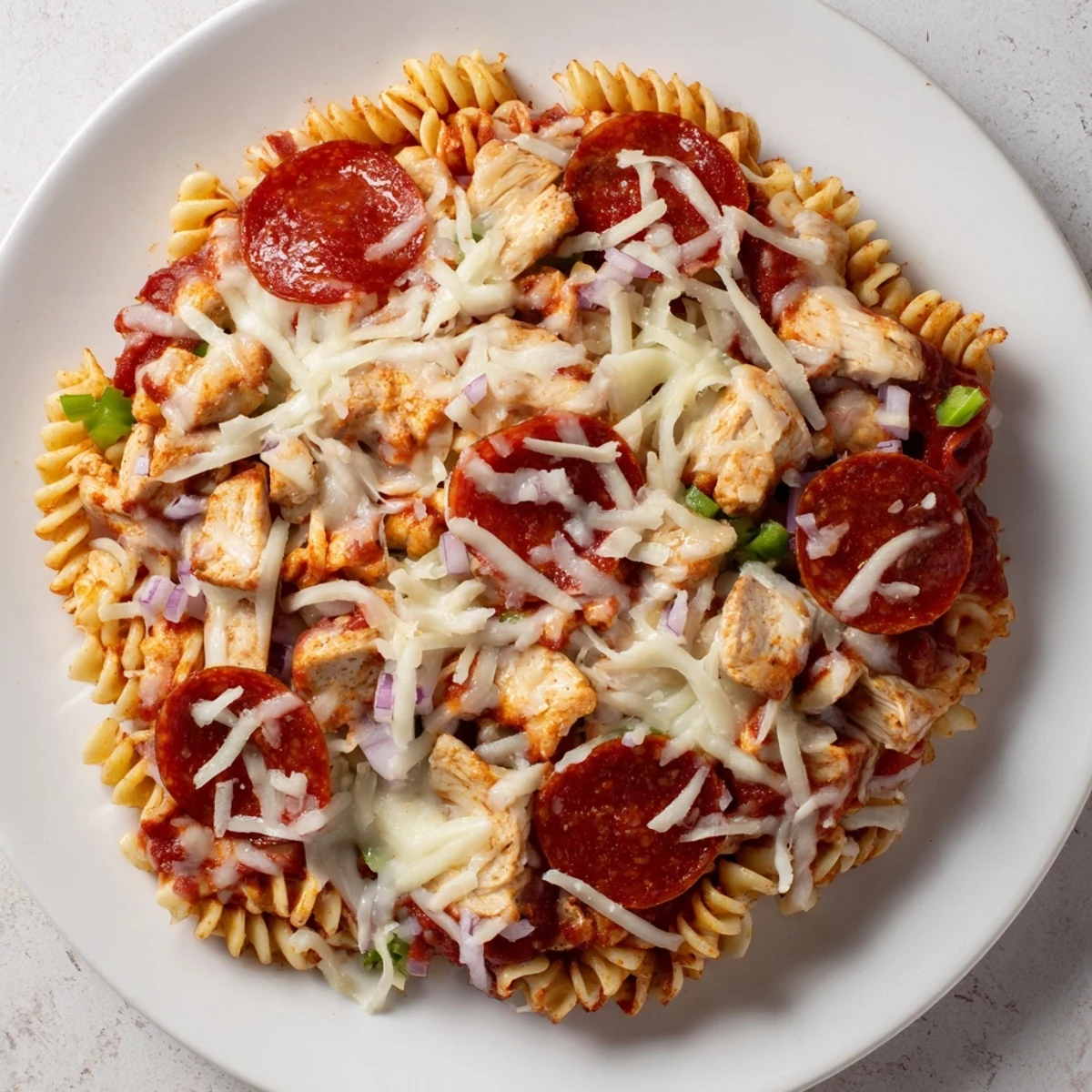 A close-up shot of delicious One-Pan Pizza Pasta, featuring rotini and a spicy pepperoni topping.