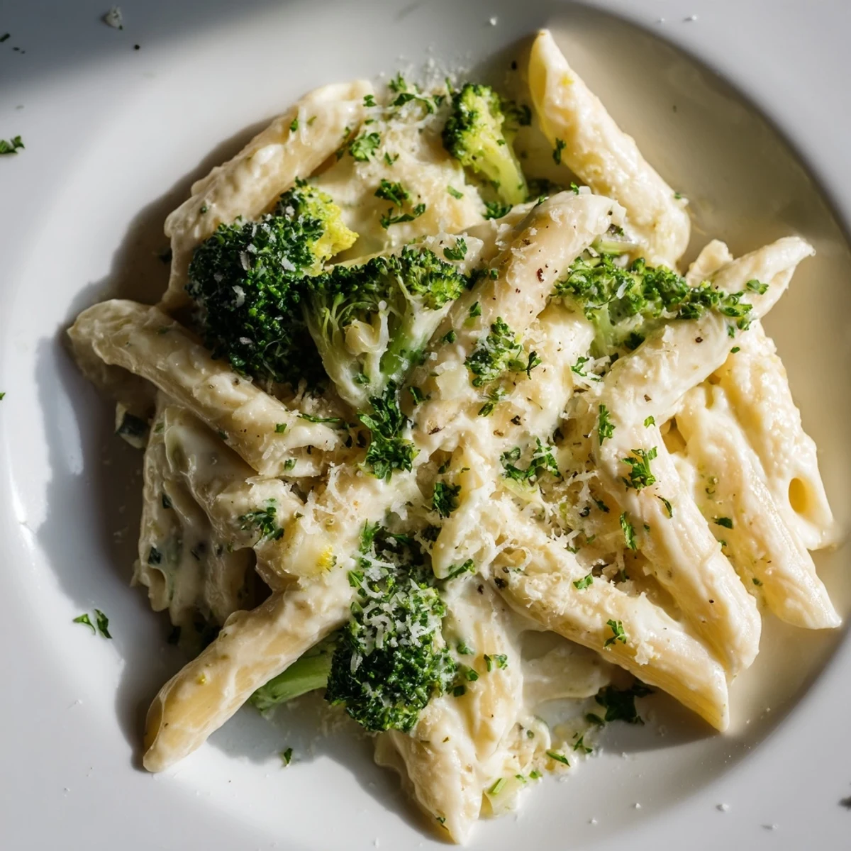 Creamy Cream Cheese Garlic Pasta, fragrant and delicious, served hot, tossed with vibrant green broccoli.