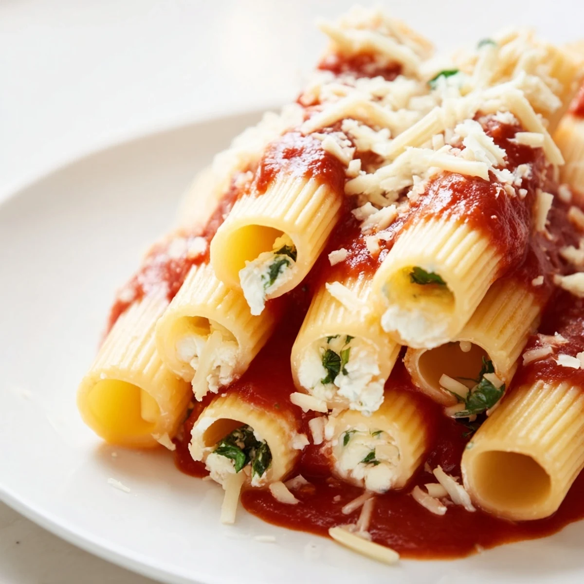 Savory honeycomb pasta bake, showcasing upright rigatoni filled with creamy cheese and baked to perfection.
