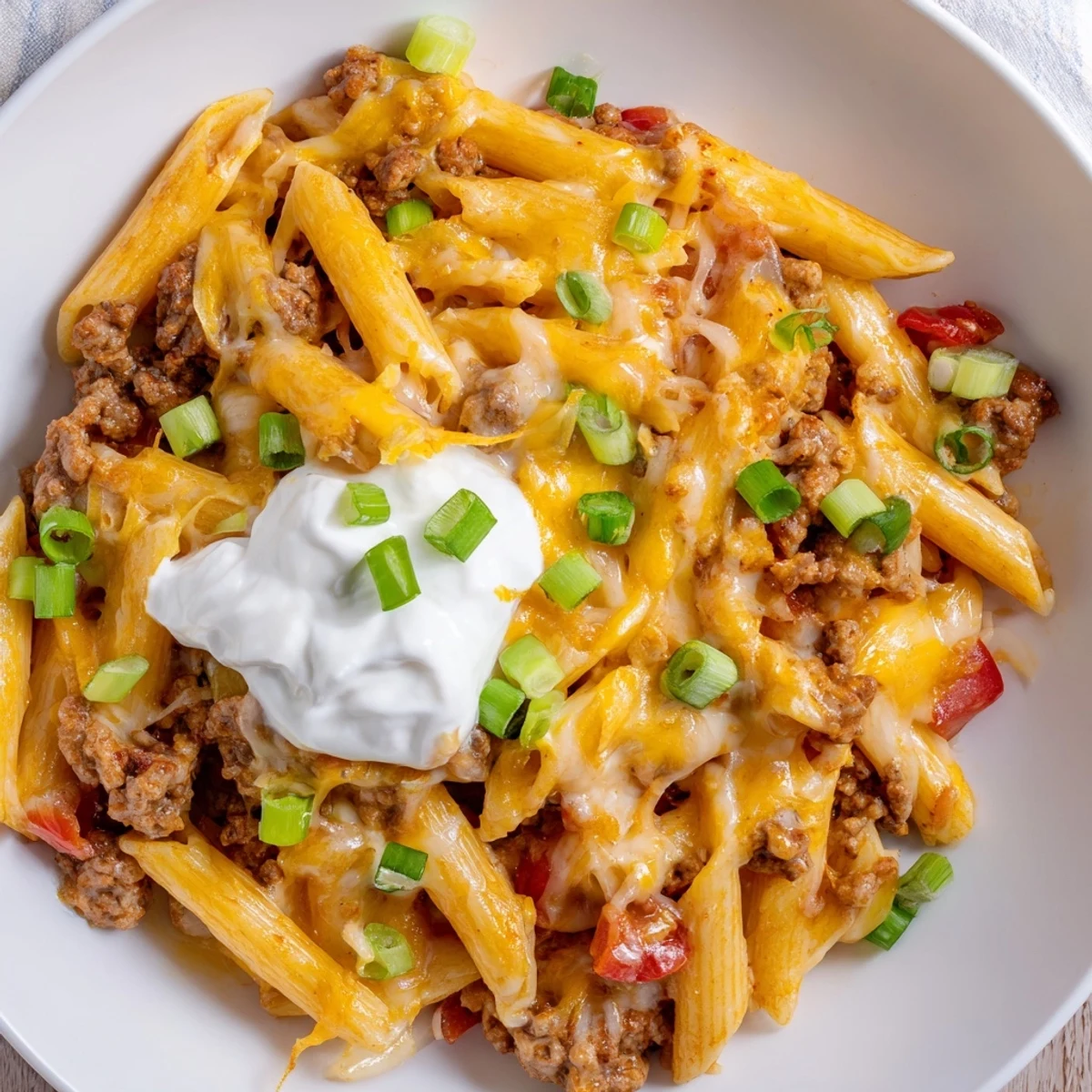 One-Pot Taco Pasta, a bubbling skillet filled with ground beef and melted cheese, ready to serve.