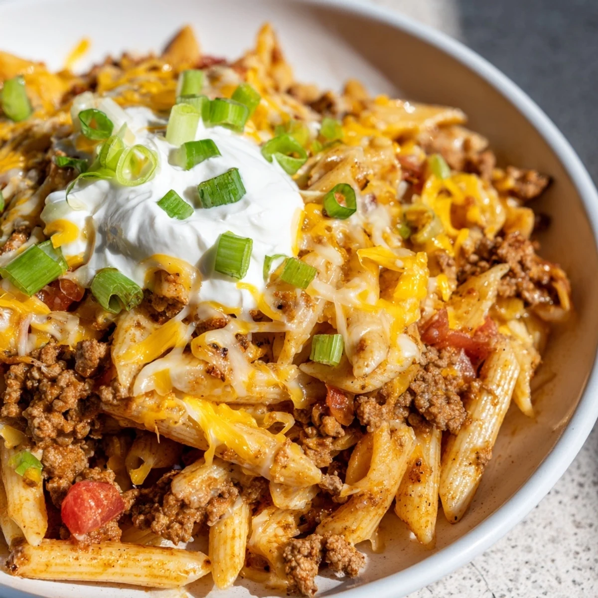 A comforting bowl of One-Pot Taco Pasta with fresh cilantro, a quick and delicious weeknight meal.