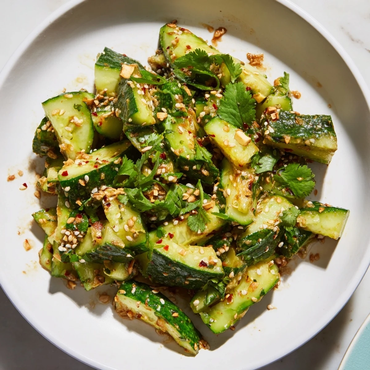 Close-up of the delicious Chinese Spicy Smashed Cucumber Salad showcasing the flavorful ingredients and dressing.