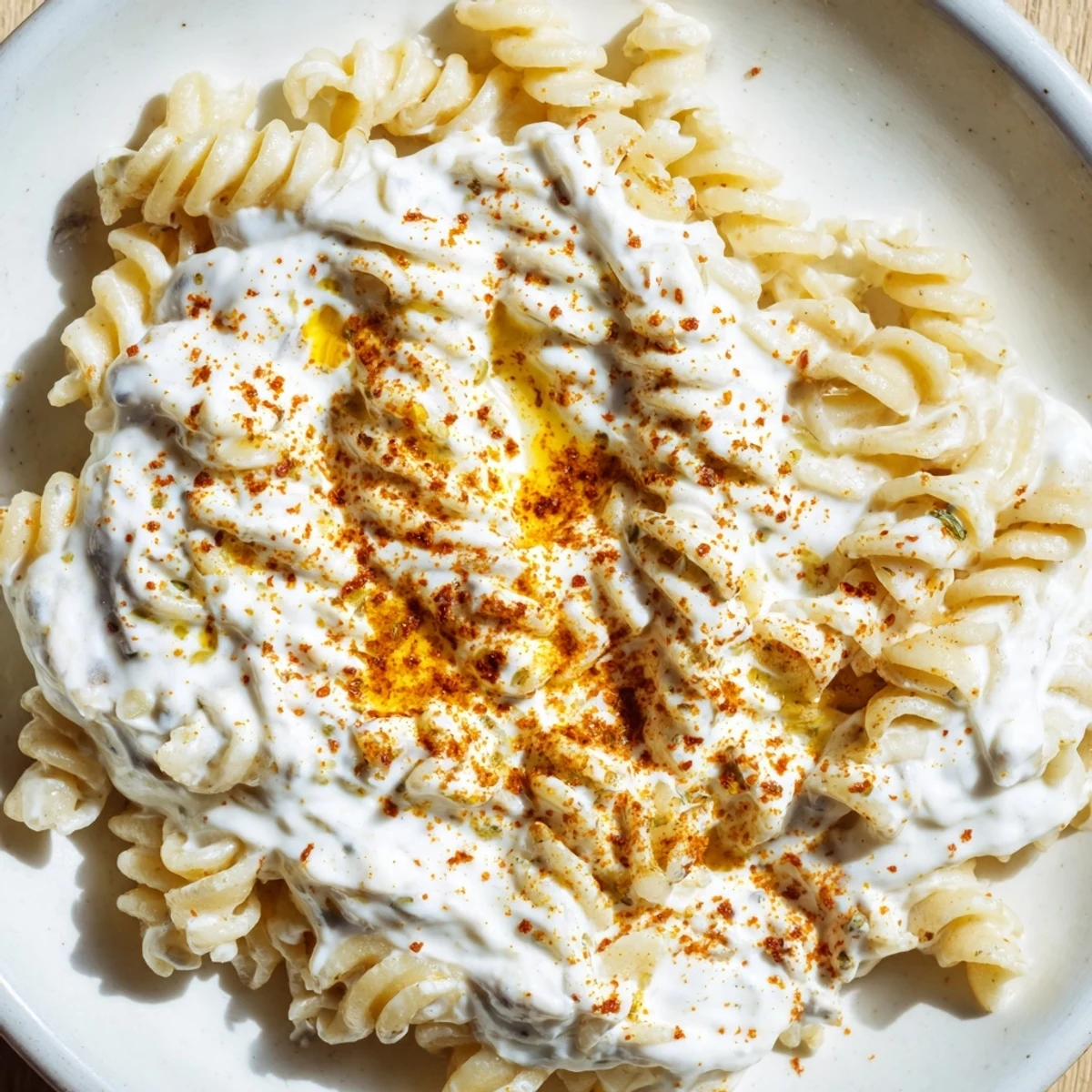 Steam rises from a close-up of the delicious Turkish Yogurt Pasta, with golden, spiced butter glistening.