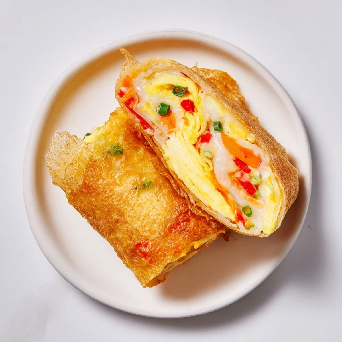 A close-up of a Rice Paper Egg Cheese Wrap shows the sizzling egg and cheese filling just ready.