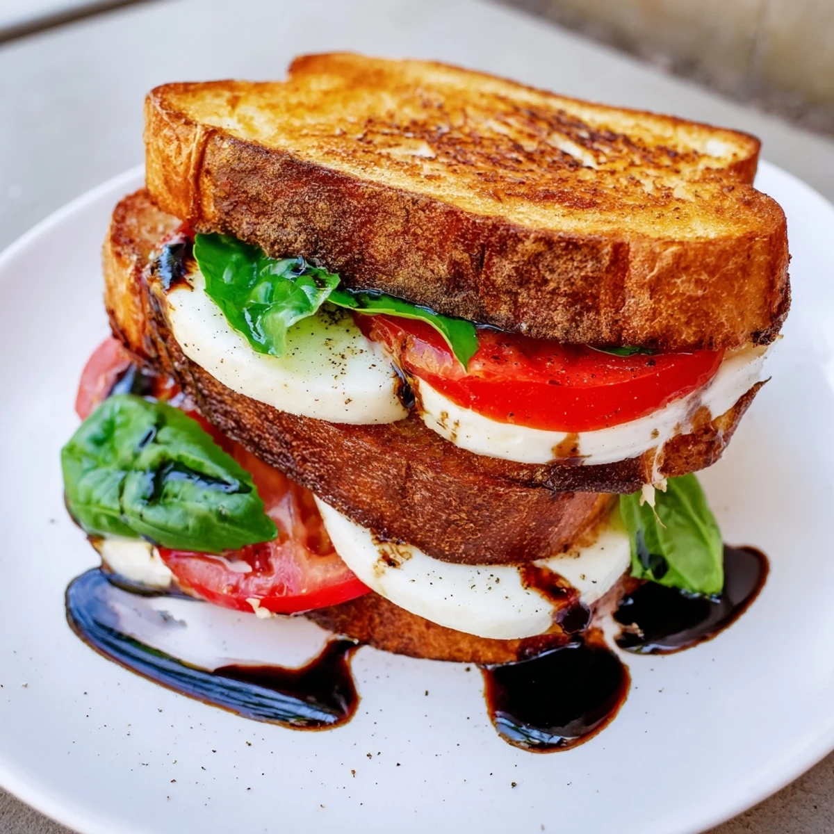 Golden, melty Caprese Salad Grilled Cheese with fresh basil, ready to enjoy this easy Italian-American meal.
