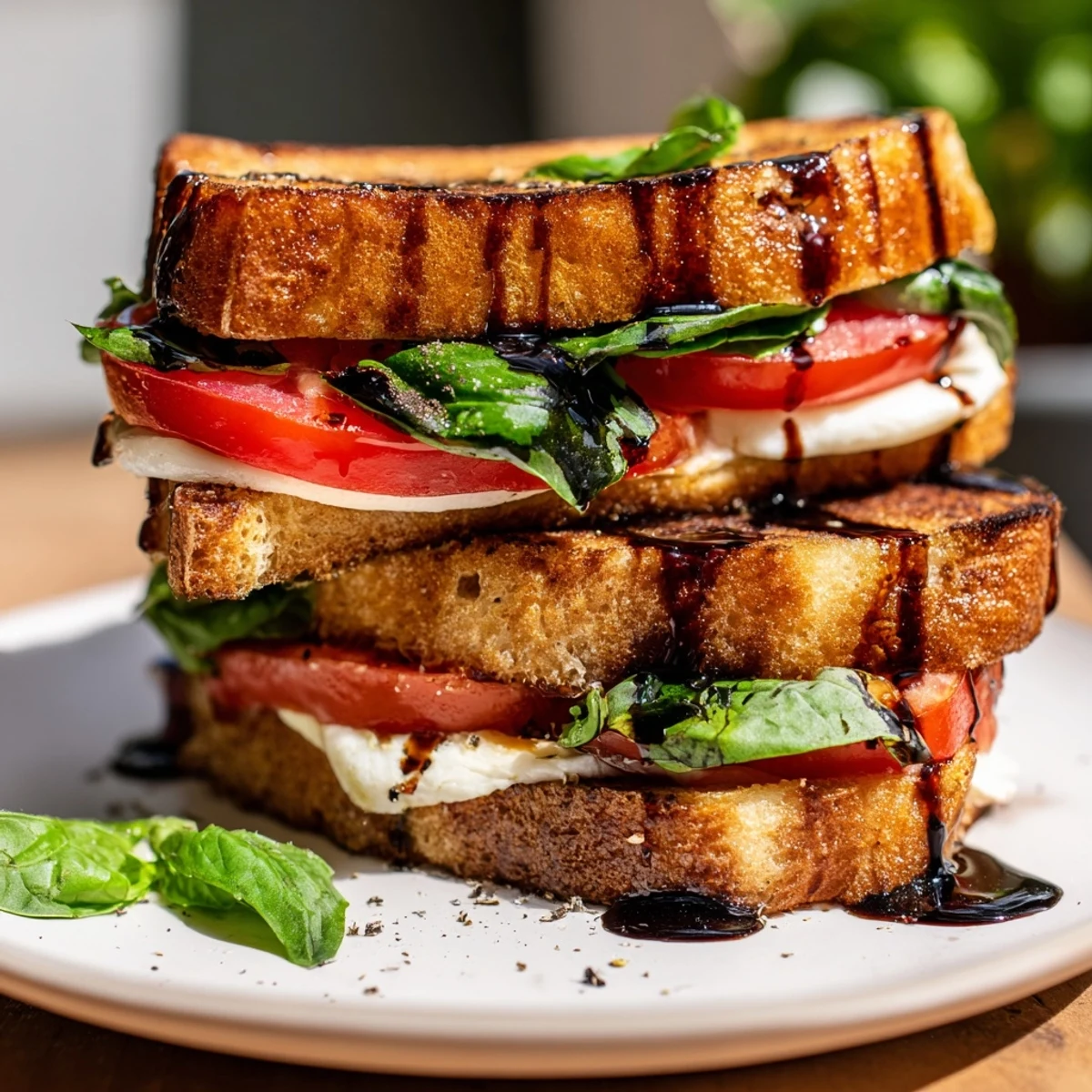 A close-up view of the delicious Caprese Salad Grilled Cheese, oozing cheese and perfectly grilled bread.