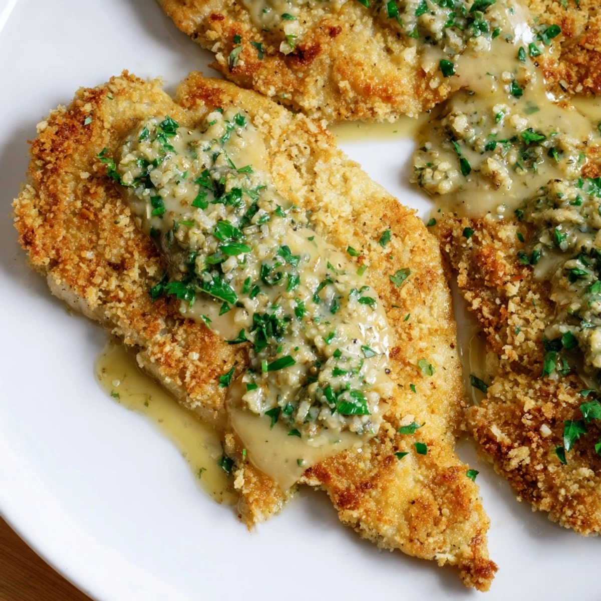Golden and crispy chicken breasts, swimming in a rich garlic cream sauce, ready to serve!
